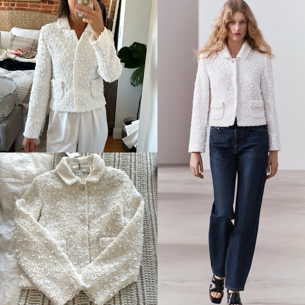 ZARA ZW COLLECTION SEQUIN CROPPED JACKET WHITE BRIDAL BRIDE FLORAL XS 2883/160